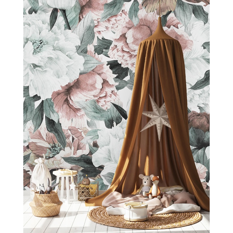 Vintage Bouquet Of Peonies Blue and Grey Wallpaper Mural