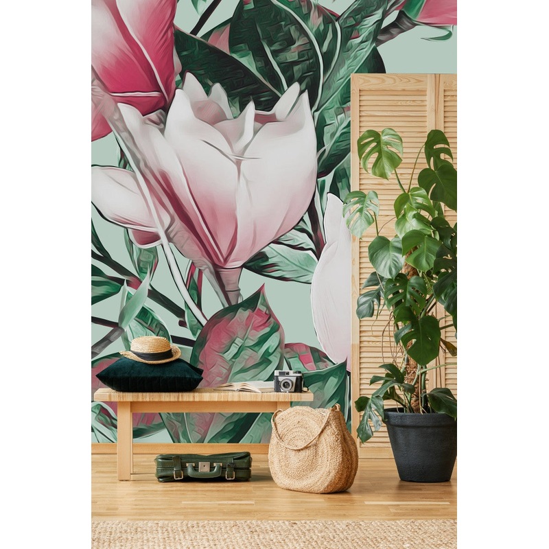 Voguish Green Wallpaper with Pink Flowers