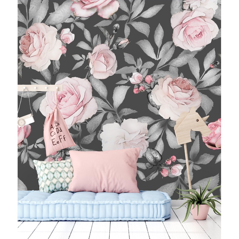 Watercolor Seamless Pattern with Pink Flowers and Leaves on Gray Background Wallpaper Mural