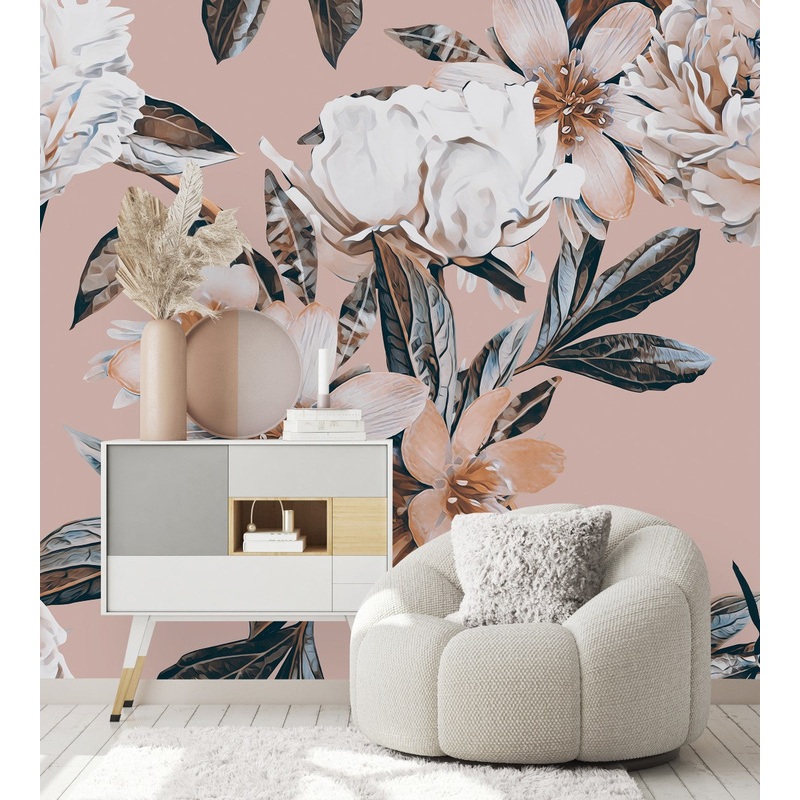 Beige Wallpaper with White Flowers