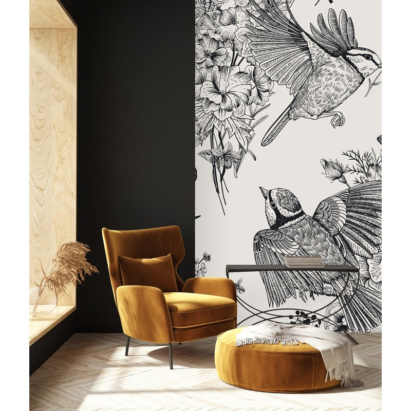 Black and White Floral Wallpaper with Birds