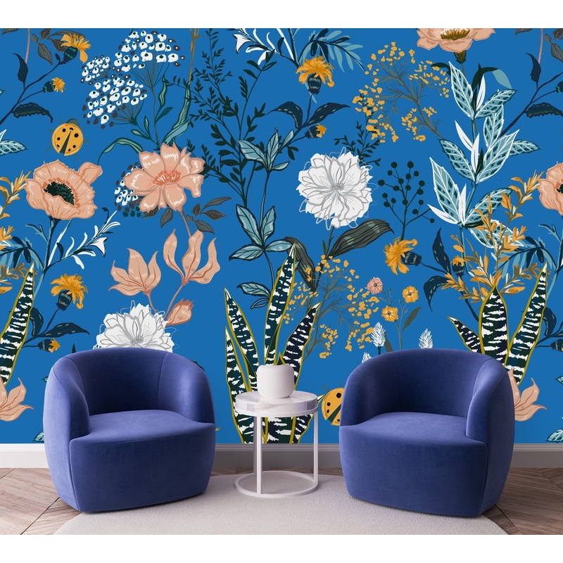 Blue Wallpaper with Flowers and Ladybugs