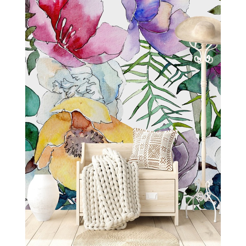 Contemporary Modern Water Colored Flowers Wallpaper
