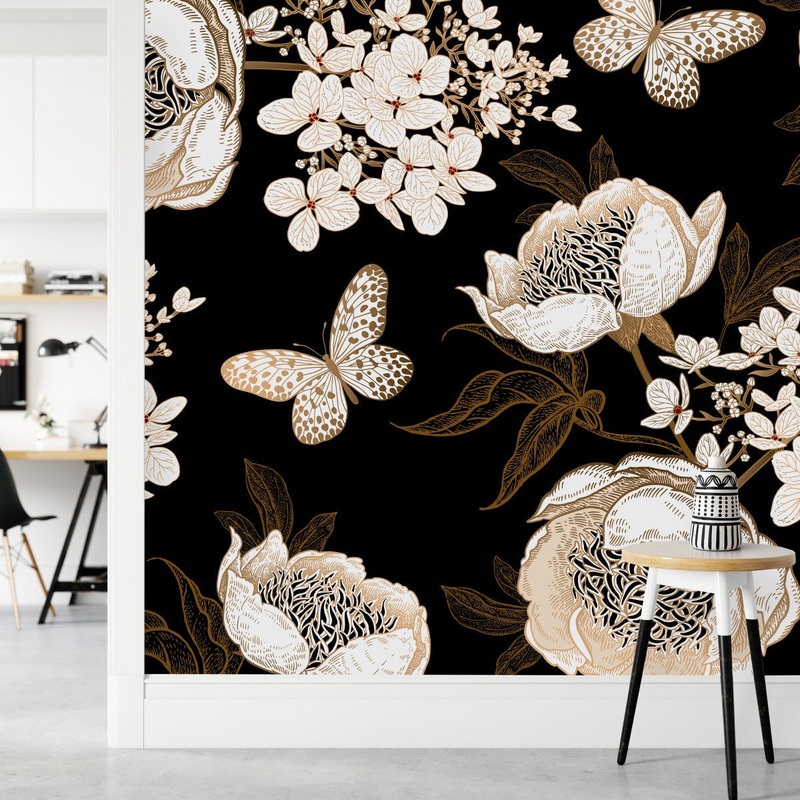 Dark Wallpaper with Butterflies and Flowers