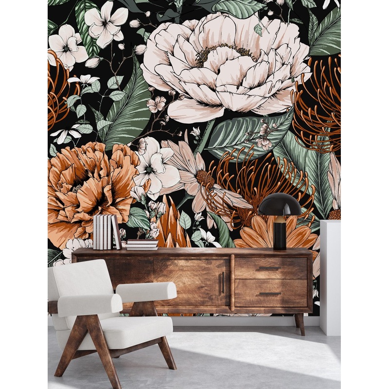 Elegant Black Wallpaper with Flowers