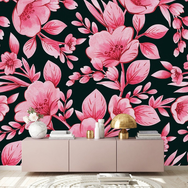 Elegant Dark Wallpaper with Pink Flowers Chic