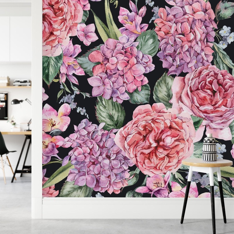 Elegant Modern Pink Flowers on Dark Wallpaper