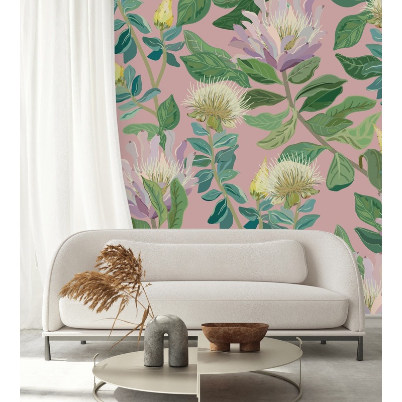 Exotic Flowers on Pink Background Wallpaper