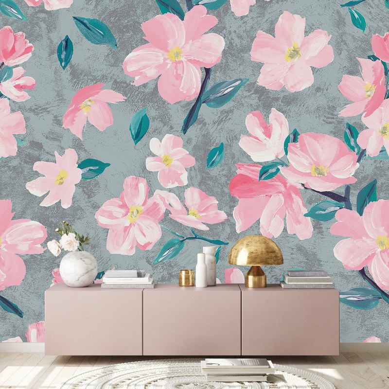 Fashionable Modern Grey Wallpaper with Pink Flowers