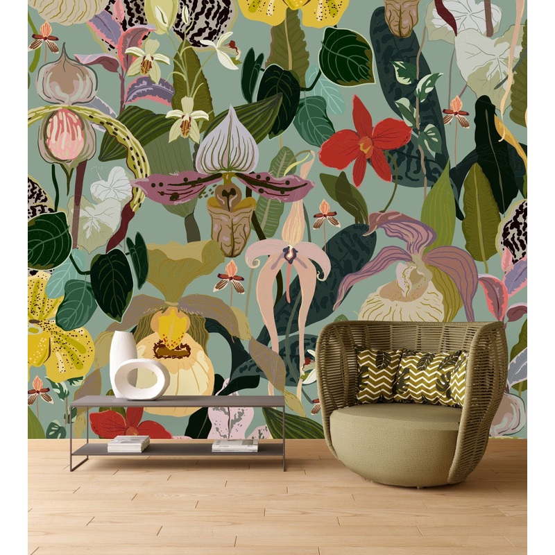 Green Wallpaper with Exotic Flowers