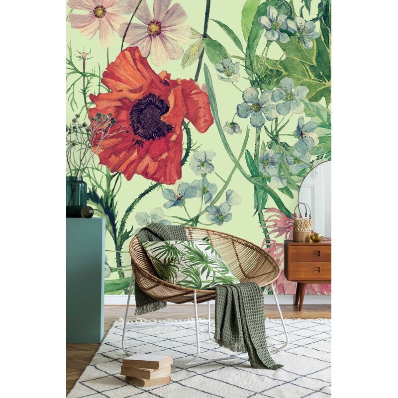 Green Wallpaper with Poppies
