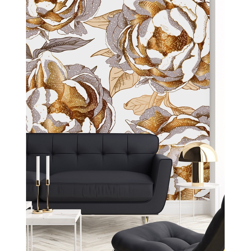 Large Gold Peonies Wallpaper