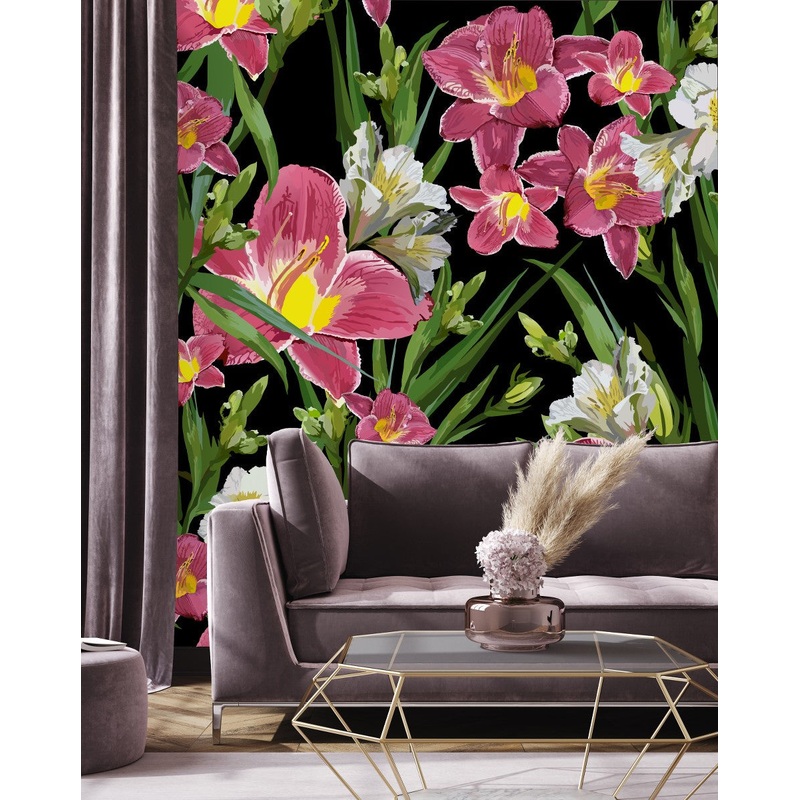 Modish Dark Wallpaper with Flowers