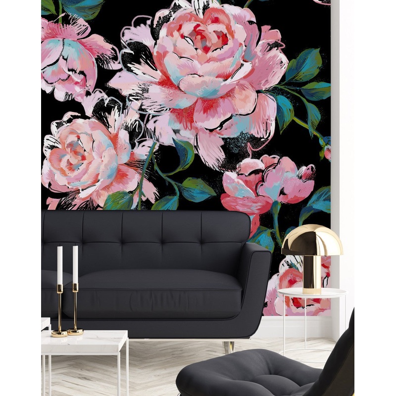 Modish Dark Wallpaper with Pink Flowers Chic Select
