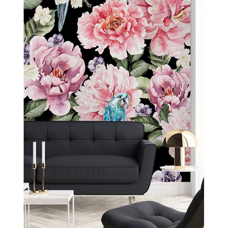 Modish Dark Wallpaper with Pink Flowers Fashionable