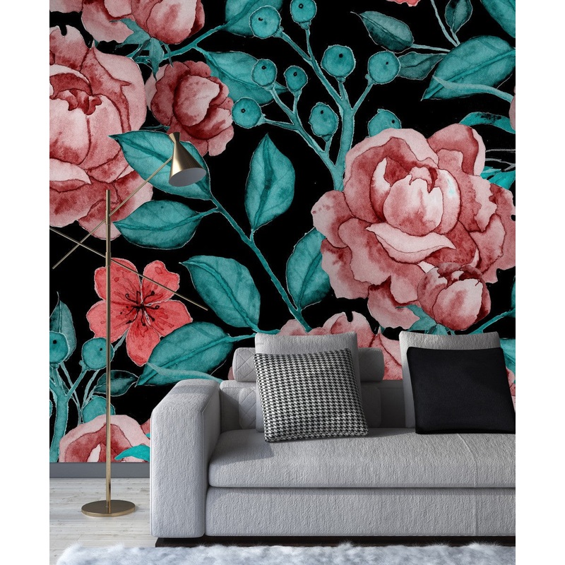 Modish Dark Wallpaper with Red Flowers