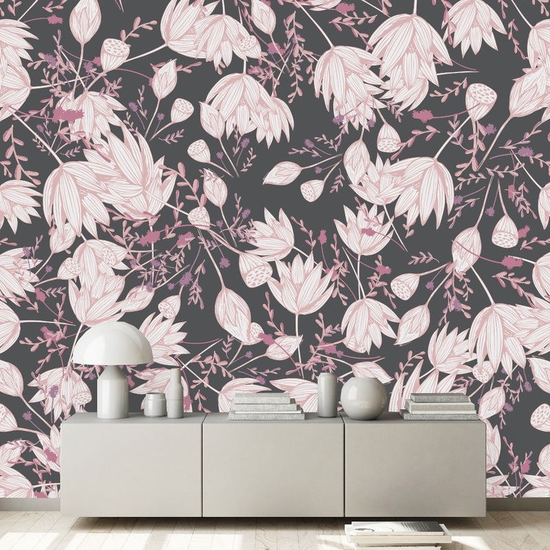 Modish Modern Grey Wallpaper with Pink Flowers
