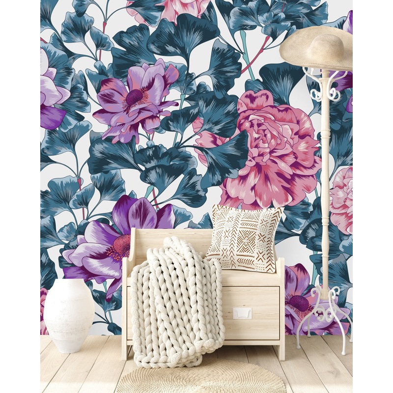 Modish Modern Pink and Violet Flowers Wallpaper