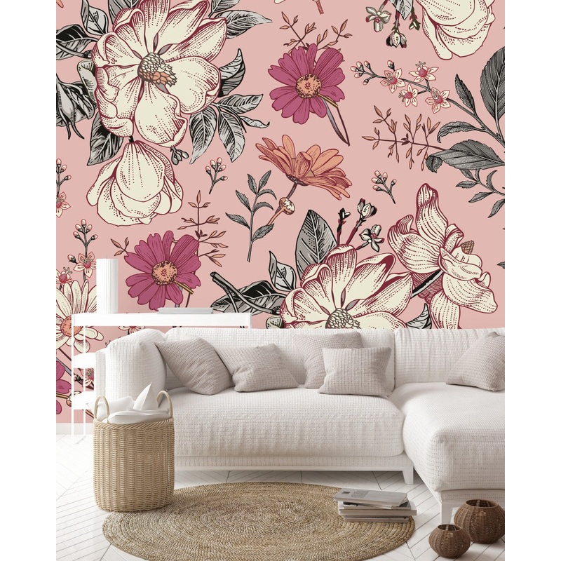 Modish Pink Flowers Wallpaper Chic