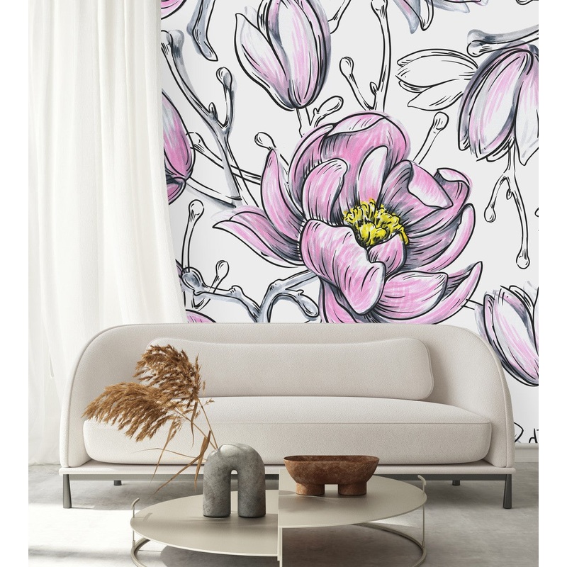 Modish White Wallpaper with Pink Flowers Fashionable