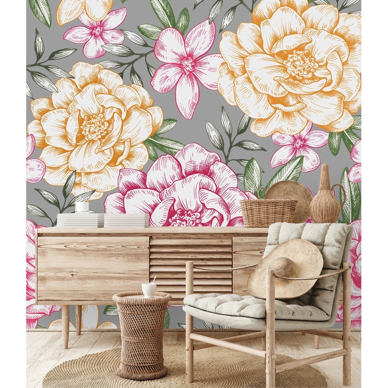 Peonies on Grey Background Wallpaper
