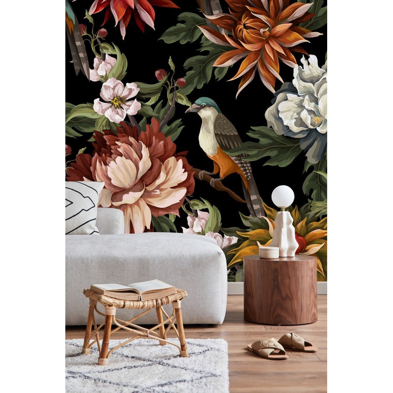Peonies with Birds on Dark Background Wallpaper