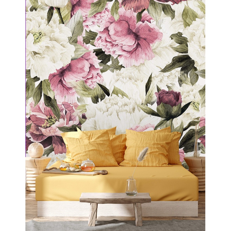Pink and White Vintage Peonies Wallpaper Mural