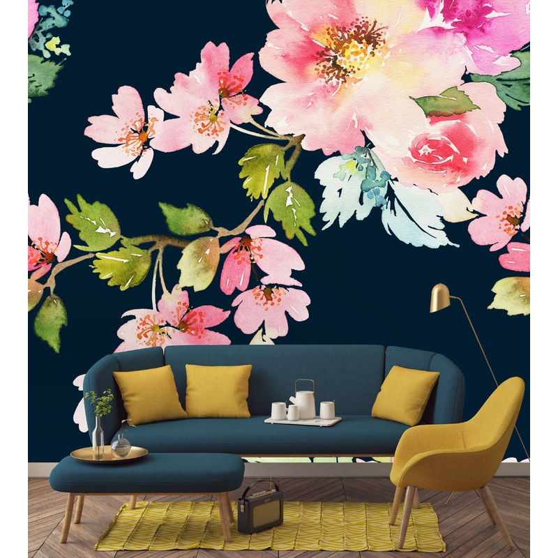 Spring Floral Watercolor on Dark Background Wallpaper Mural