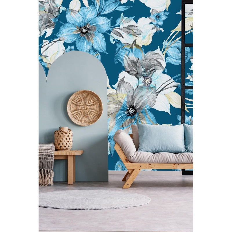 Stylish Blue Wallpaper with Flowers Vogue
