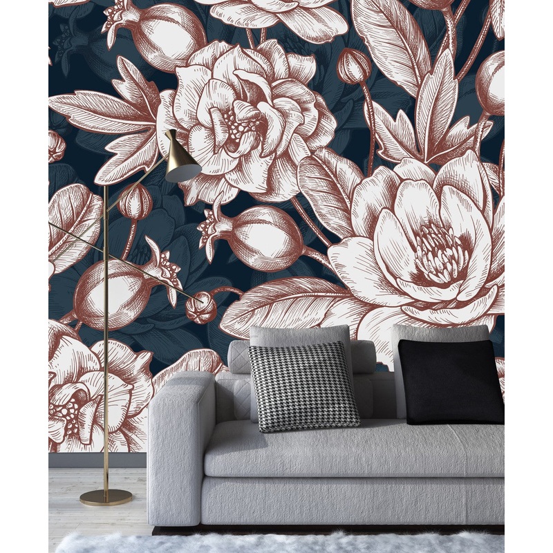 Stylish Dark Wallpaper with Large Flowers Tasteful