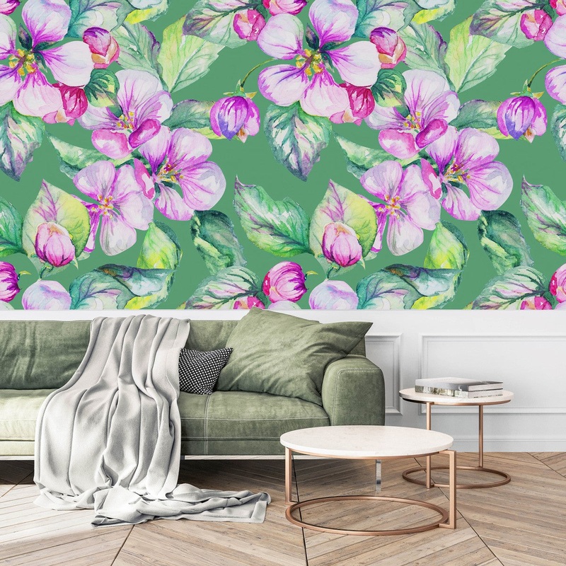 Stylish Modern Green Wallpaper with Pink Flowers
