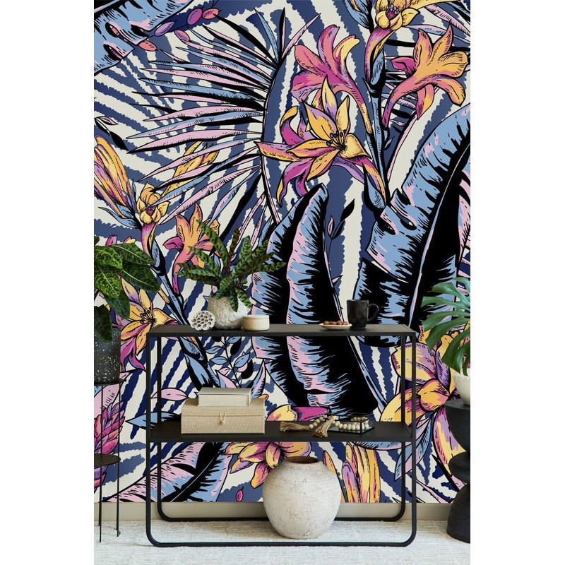 Voguish Exotic Leaves and Flowers Wallpaper Fashionable