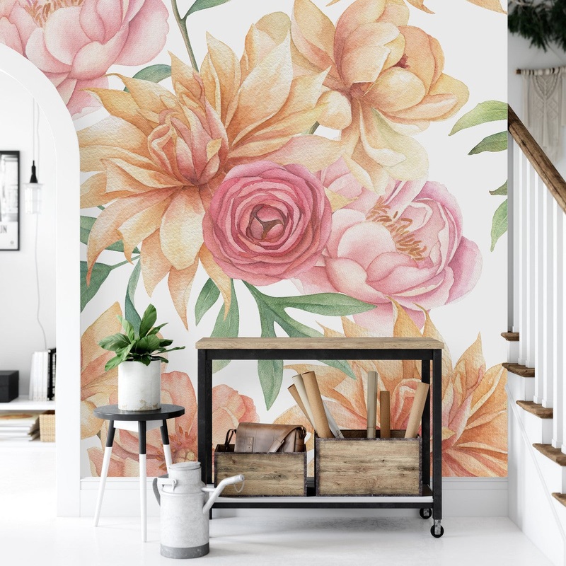 Voguish White Wallpaper with Flowers Fashionable High-Quality