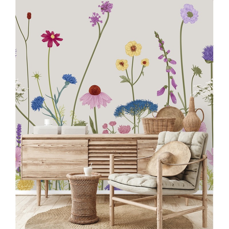 Voguish Wildflowers on White Background Wallpaper Smart