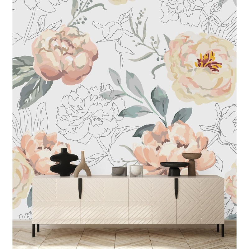 White Wallpaper with Beige Flowers