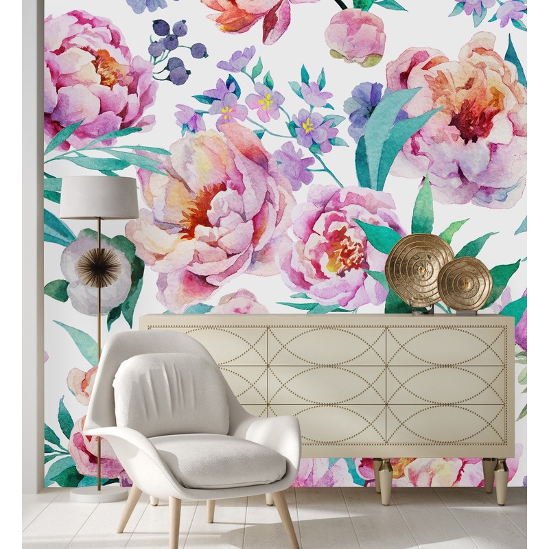 White Wallpaper with Flowers and Berries
