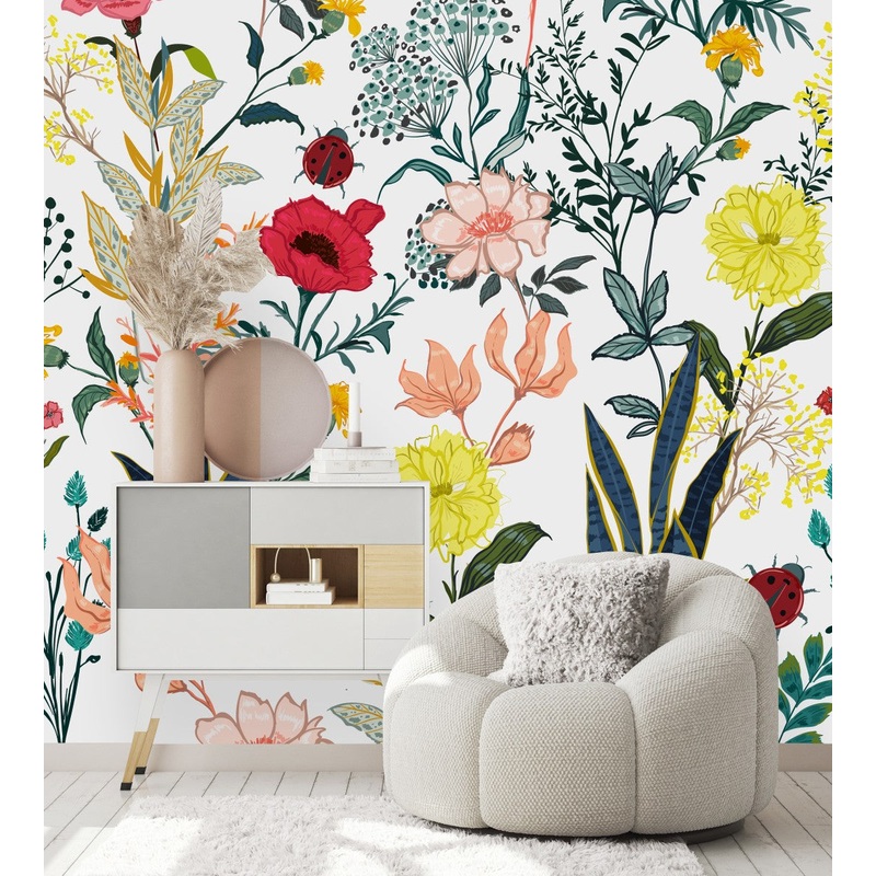White Wallpaper with Flowers and Ladybugs