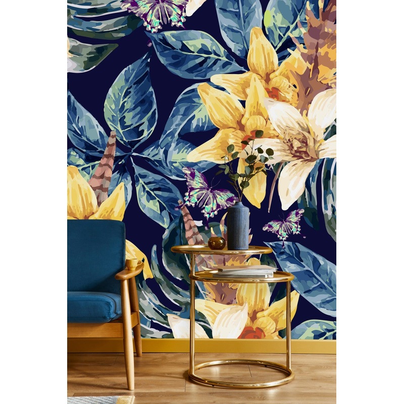 Yellow Flowers with Blue Leaves Wallpaper