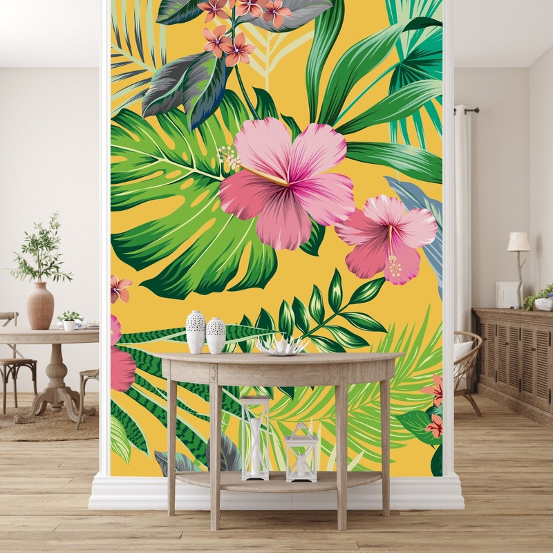 Yellow Wallpaper with Exotic Flowers