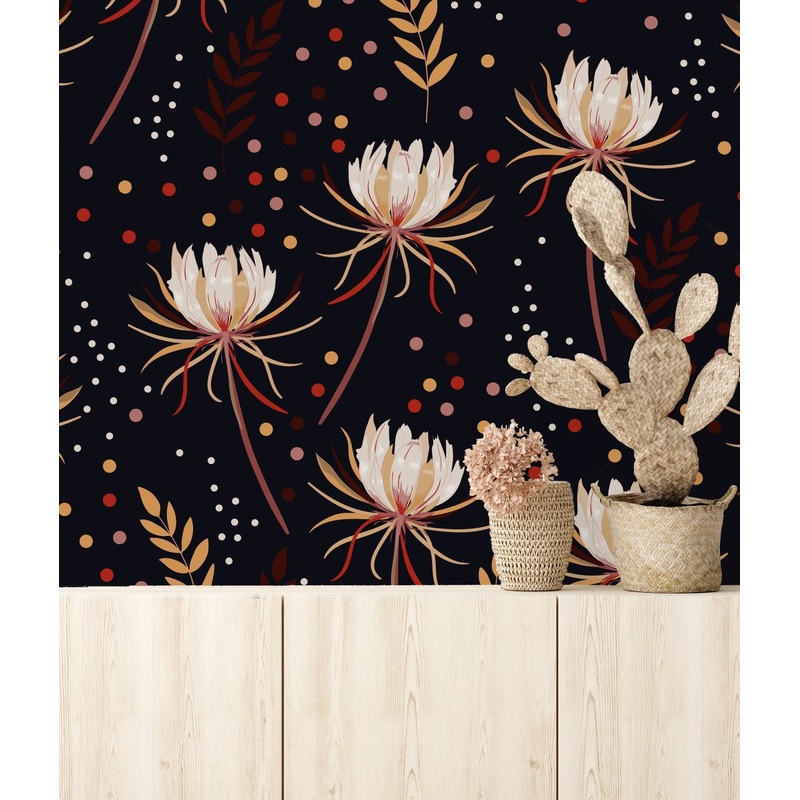 Dark Wallpaper with White Floral Design