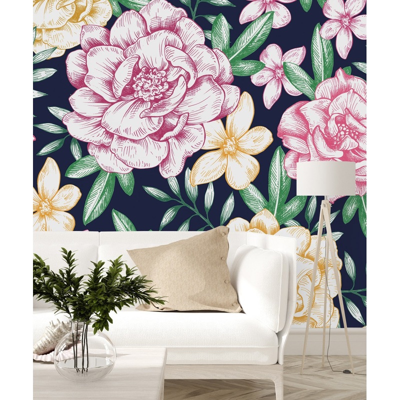 Dark Wallpaper with Yellow and Pink Flowers