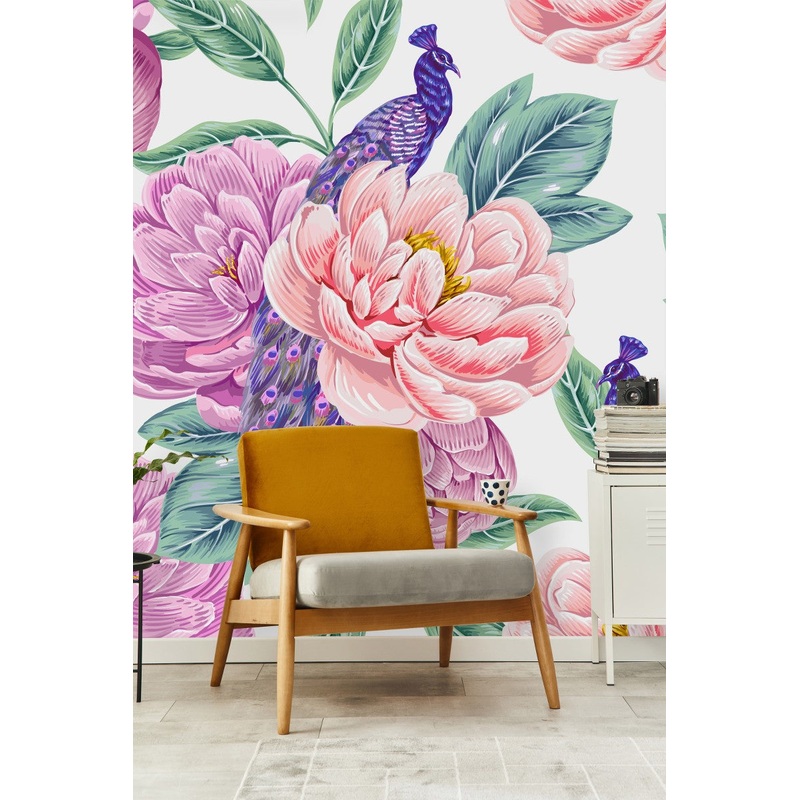 Flowers with Peacocks Wallpaper