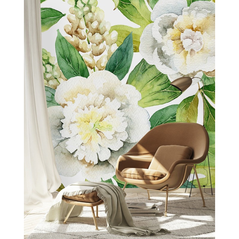 Green Leaves with White Flowers Wallpaper