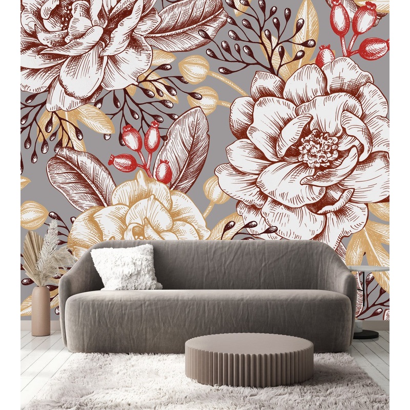 Grey Large Floral Wallpaper
