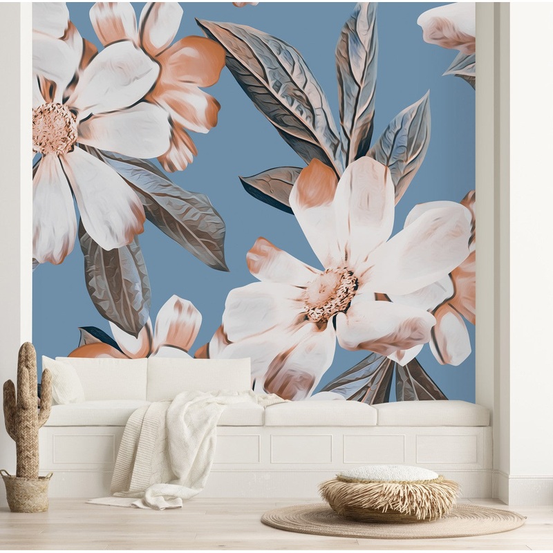 Modish Blue Wallpaper with White Flowers