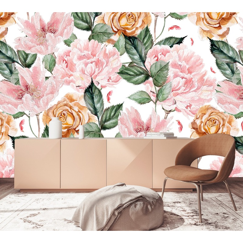 Pink and Beige Flowers Wallpaper