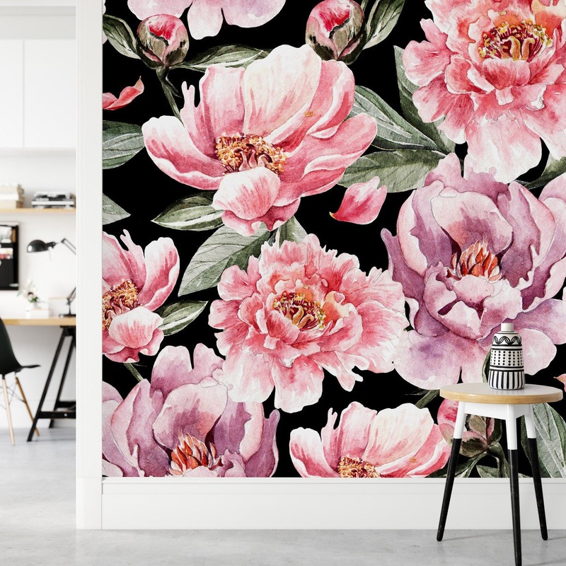 Voguish Dark Wallpaper with Pink Flowers Smart
