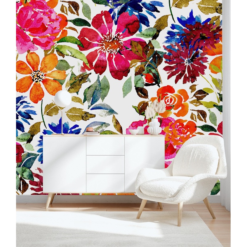 White Wallpaper with Brightly Flowers